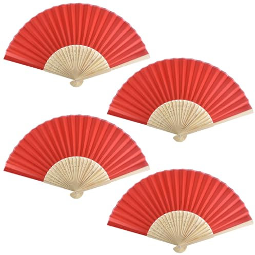 Colexy Ventaglio Bambu a Mano, 4PCS Ventagli di Seta Pieghevoli con Nappa, Ventagli di Stoffa, Ventaglio Portatile in Tessuto Cinese per Matrimoni, Regalo, Decorazione da Parete (Rosso)