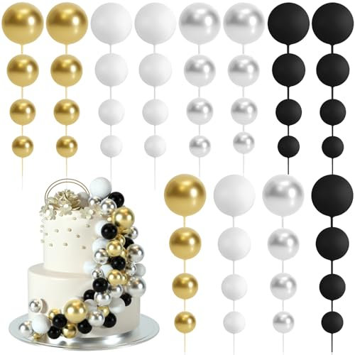 BOUBONI 48 Pz Palline Cake Topper Decorazioni Schiuma Cupcake Topper Palline Decorazioni per Torta Compleanno per Feste di Compleanno Matrimonio Anniversario (Nero, Argento, Bianco, Oro)