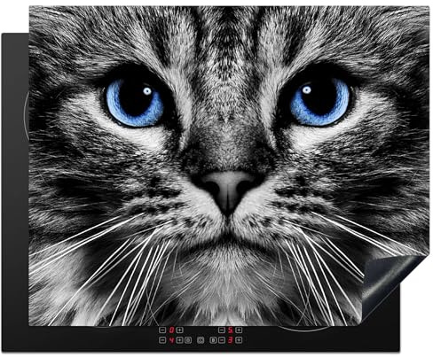 KitchenYeah© Protège Plaque Induction Deco Cuisine Accessoire Pratique | 65x52 cm - Protection De Vitroceramique Kitchen Gadget Chat - Noir - Blanc - Yeux - Bleu