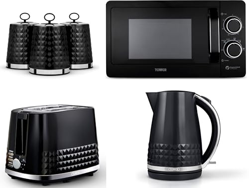 Tower Solitaire Black 1.5L 3KW Jug Kettle, 2 Slice Toaster, T24042BLK 800W 20L Manual Microwave & Canisters. Modern Matching Kitchen Set of 6 in Black