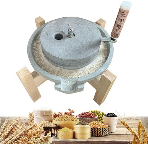 KK-GGL Natural Limestone Manual Wet Mill Grinder, Adjustable Natural Blue Stone Tofu Grinding Machine, Handmade Wet/Dry Soybean Mill Grinder, Natural Wheat Paste Mill with Wooden Stand