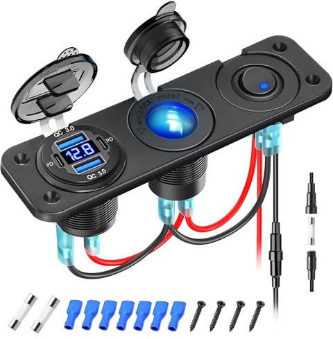 78 W 4-Port USB C Ladebuchse, Zigarettenanzünder Adapter mit Voltmeter EIN/Aus Taste, Dual 18 W QC3.0 & Dual 30 W PD Typ C Schnellladebuchse für 12 V/24 V Motorräder Boote Schiffe Wohnmobile LKW