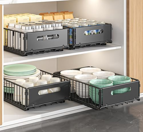 YunNasi Teleskoplåda, expanderbar utdragbara lådförvaringshyllor för köksskåp, skjutbara lådor ingen borrning och spik (Svart, 4 stycken 38Dx25Bx10H CM)