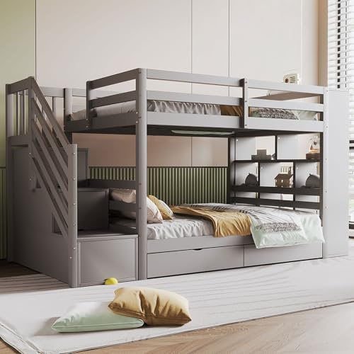 xixiworkshop Etagenbett 90×200,Kinderbett mit Stauraum Treppe,Jugendbett mit 2 Schubladen/großen Schließfächern/Sicherheitszaun Kiefernbett mit Lattenrost,ohne matratz (Grau)