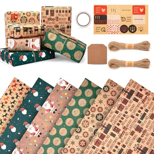 AYMQC Geschenkpapier Weihnachten Recycelbares Weihnachts-Geschenkpapier in 6 Klassisches Weihnachtsmuster Kraft Geschenk Papier 50 x 70 cm (Muster B)