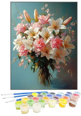 Malen Nach Zahlen Blume, Malen Nach Zahlen Kinder Lilie, DIY Paint by Numbers Adult AnfäNger Handgemalt öLgemäLde Kit Bastelset mit Pinseln und Acrylfarben für Home Decor, Ohne Rahmen 50x65cm M1-U