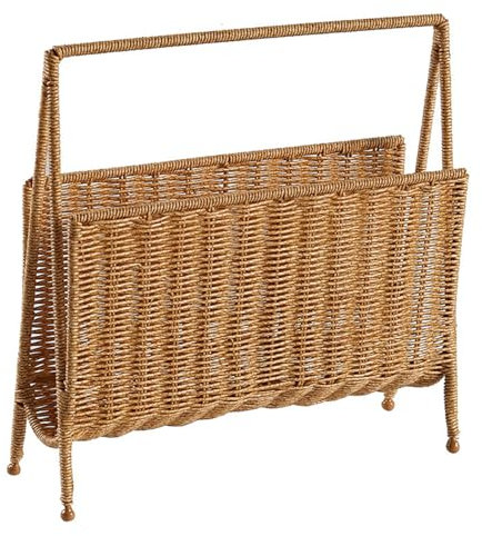 Duyeuau Revistero de mimbre marrón claro, práctico organizador de revistas tejido de ratán sintético para un hogar eficiente