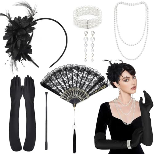 Jokureao 9Stück Great Gatsby Accessoires Set, Great Gatsby Party Kostüme Damen mit Kopfschmuck, Lange Handschuhe, Künstliche Perlenkette, Lüfter, 20's Theme Set für Karneval Halloween
