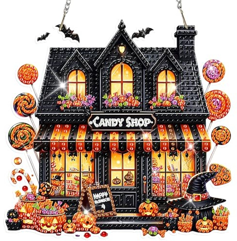 MISCER Halloween Diamond painting Hängende Ornament Kit, Süßwarenladen DIY Diamant Malerei Fensterbilder Anhänger, Diamant Kunst Anhänger Kit für Kinder Erwachsene Tür-oder Fenster Wand Deko