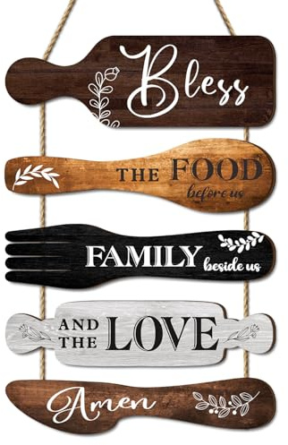 Dazzlewall 5 Decorazioni da Parete per Cucina, Cartelli a Forma di Pentole Benedite The Food, per Cucina Rustica, Targhe in Legno Rustiche per Sala da Pranzo in Stile Country
