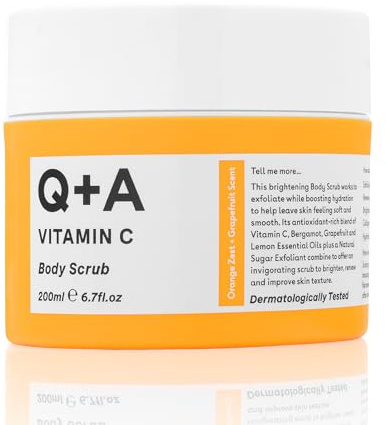 Q+A Vitamin C kroppsskrubb (200 ml), exfolierande kroppsskrub, ljusgörande och återfuktande sockerskrubb med eteriska oljor av citrus, C-vitamin och nattvispsolja