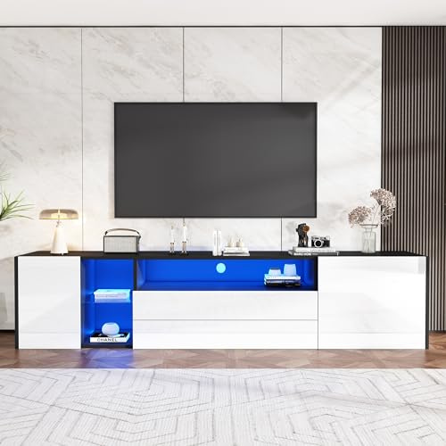 Merax Meuble TV LED Blanc Noir Moderne, Support TV pour Téléviseur 75 Pouces,2 Tiroirs + 2 Portes, Meuble Télé Basique avec Éclairage RGB Bluetooth, 180 x 40 x 45 cm