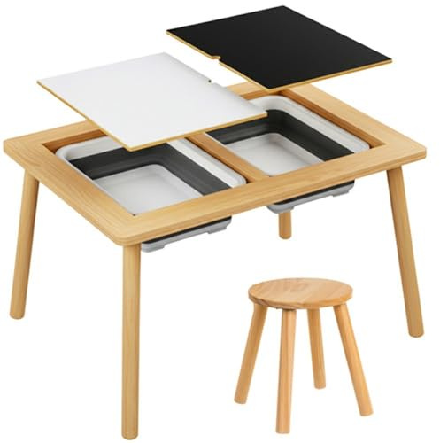 KRUZZEL Tavolo Sensoriale in Legno di Faggio XL con 2 Vaschette Rimovibili & Piano Reversibile Bianco/Lavagna, Set con Sedia – Per sabbia, acqua, disegno e costruzioni – Bambini 3 51,5×52×72 cm