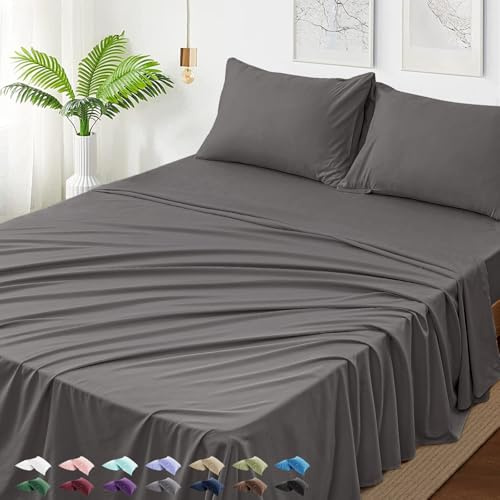 USXIBEI Queen Size 4 Piece Sheet Set - Hotel Luxury Bedding for Queen Size Bed - Soft and Breathable Bed Sheets Set - Deep Pocket Sheets,Wrinkle & Fade Resistant(Queen, Dark Grey)