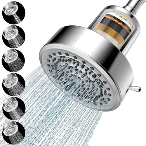 Filtered Shower Head for Healthier Hair & Skin – Removes Chlorine & Heavy Metals,High Pressure 6 Mode Settings Shower Head Filter for Hard Water (Silver)
