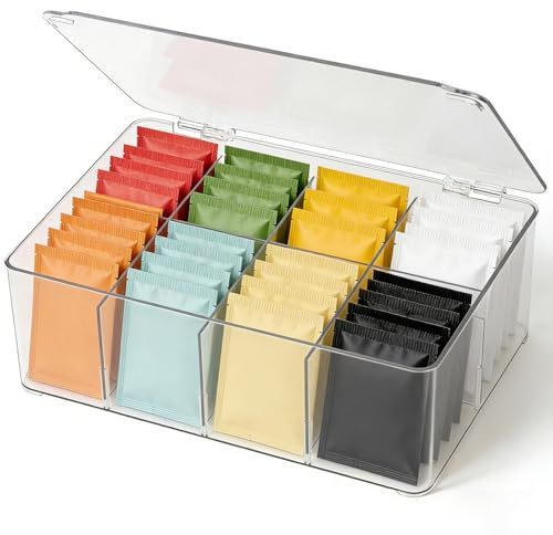 GZYYANG Tebox 8 fack, tepåsar arrangör, transparent förvaringslåda för teportionspåsar, teförvaring plast tebox för köksskåp, lådor eller på arbetsytor