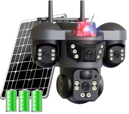 POOIQX Telecamera solare WiFi wireless da 9 MP, tre lenti, schermi, scheda SIM 4G, rilevamento umano, sorveglianza esterna, Aiuto al monitoraggio(4G Sim Cam 128g Card)