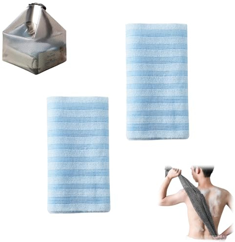 Serviette De Douche Exfoliante - Gommage Naturel en Fibre de Bambou et Charbon, Exfoliation Douce pour le Corps,rangement inclus (Blue 2PCS)