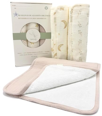 Muselinas Bebe Algodon Organico GOTS Salvababas Capazo Gasas Bebe Algodon | Pack de 3 muselinas con toalla absorbente, Muselina grande 60×30 cm, Paño para eructos, Protector de hombro para lactancia