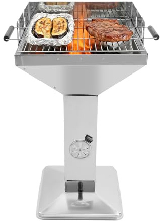 Rostfritt stål träkol pelargrill med ventilation i pelaren och asklådan, 48 x 48 cm, grillgaller höjdjusterbar, för camping och trädgård, bärbar grill