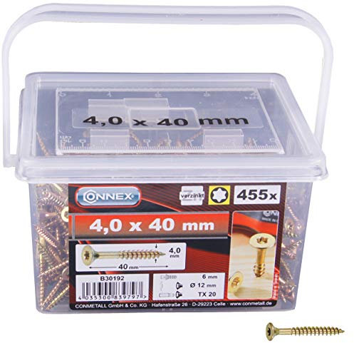 Connex Universalschrauben 4,0 x 40 mm - 455 Stück im Set - Senkkopf - TX-Antrieb - Teilgewinde - Gelb verzinkt / Schrauben-Set / Schrauben-Eimer / B30192