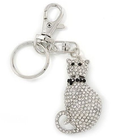 Avalaya Clear/Black Austrian Crystal Cat Keyring/Bag Charm In Rhodium Plated Metal - 11cm L