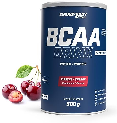 Energybody BCAA Pulver Kirsche 500g / bcaa Drink als Aminosäuren Pulver/BCAA-Powder plus L-Glutamin/BCAAs, Glutamin / 41 Portionen