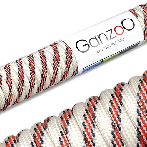Ganzoo Paracord 550 Seil, Nylon-Polyester, 4mm, Typ 3, 30 Meter, 7 Kernstränge, Outdoor-Schnur, Allzweck-Seil, Hundehalsband, Hundeleine, Armband knüpfen, Camping, Survival - weiß rot