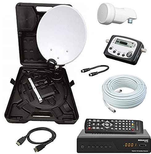 netshop 25 Camping SAT Koffer 40cm Spiegel + HD Receiver (12V & 220V) + Single LNB + 10m Kabel + Digital SAT-Finder