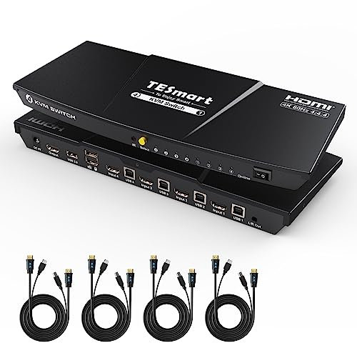 TESmart KVM Switch HDMI 4 Port UHD 4K@60Hz, 4 In 1 Out USB KVM Switch for 4 Computers, USB 2.0, EDID, Stereo Audio, Advanced Keyboard Mouse Compatibility, Hotkey, 4 PC Monitor Switcher with Cables