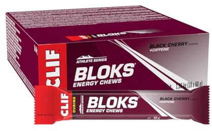 CLIF BLOKS Black Cherry + Koffein Energy Chews, Energie Würfel, 18 x 60 g | Planzen Basierte Schnelle Energie für Laufen, Radfahren & Marathon-Training, Snack für Ausdauertraining