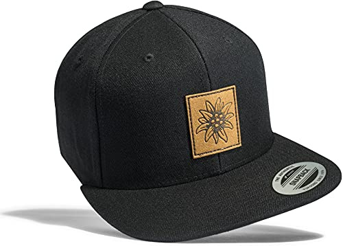 Baddery Outdoor Flexfit Snapback Cap - „Edelweiß mit Leder-Patch“ | Kappe für Herren & Damen - Wandern & Klettern
