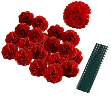 Lot de 50 têtes de fleurs d'œillets artificielles en soie avec tiges,remplissage de vase,pour mariage,corsage de poignet fait à la main,têtes de pétales multiples de 7,6 cm avec tiges de 20cm (rouge)