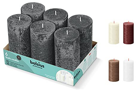 BOLSIUS Rustikale Stumpenkerzen, 6 Stück, schwarz, 6 Stück, 7,9 x 12,7 cm, Premium-europäische Qualität, inklusive natürlichem pflanzlichem Wachs, geruchlos, tropffrei, rauchfrei, 60 Stunden