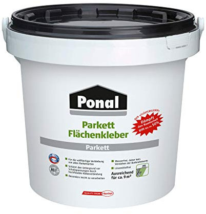 Ponal Parkett Flächenkleber, schalldämpfender Klebstoff für alle Parkettarten, Kleber ohne Grundierung, Parkettkleber für Fußbodenheizung, für max. 9m², 1x8kg Eimer