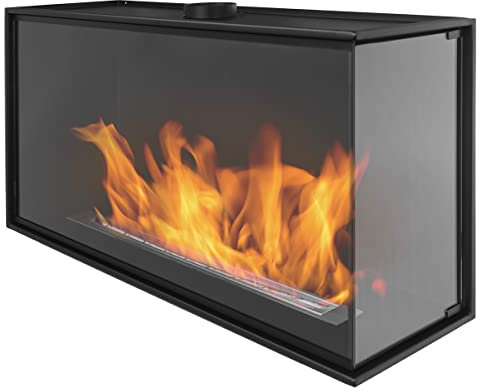 Bio-Eckkamin 1000mm mit Vollverglasung. Biokamin Nice-House mit rechter Seite offen. Das Glas bedeckt die gesamte Höhe des Bio Kamin.