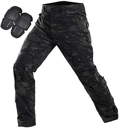 Uugood Pantalon Camouflage Homme, Pantalon Tactique pour Homme avec Genouillères Pantalon Cargo Militaire Pantalon Sport pour Chasse Paintball Randonnée Airsoft (Nuit Noir, L)