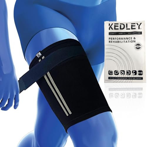 Kedley Black Thigh Compression Sleeve, Advanced Elasticated Support Band with Non-Slip Strap (1, M/L)