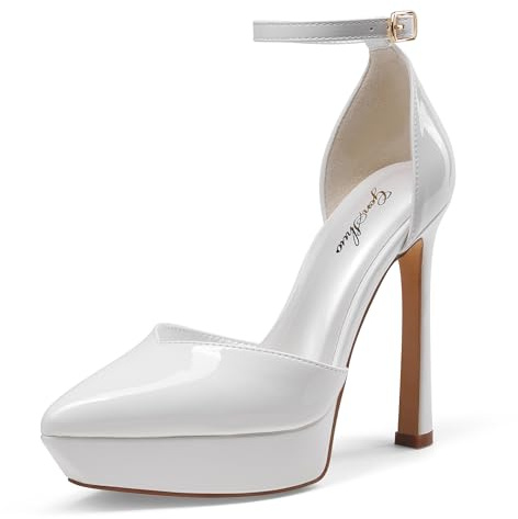 GENSHUO Damen Plateau High Heel Pumps 13 CM/5,12 Zoll Stiletto Heels Riemchenpump Sexy Spitze High Heels mit Knöchelriemen Geschlossene Stöckelschuhe für Party Prom, Milch Weiß 40EU