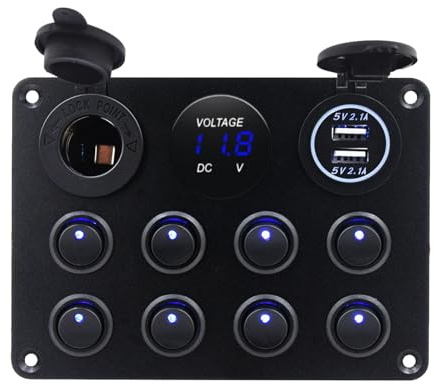 KAOLALI 8 Gang Kippschalter 12V/24V Wippschalter Panel mit USB-C, Blau LED | USB-Ladegerät + Feuerzeugsteckdose + Digitales Voltmeter, ON-Off Schalter Panel für Wohnmobile, Boote, Autos, Motorhaus