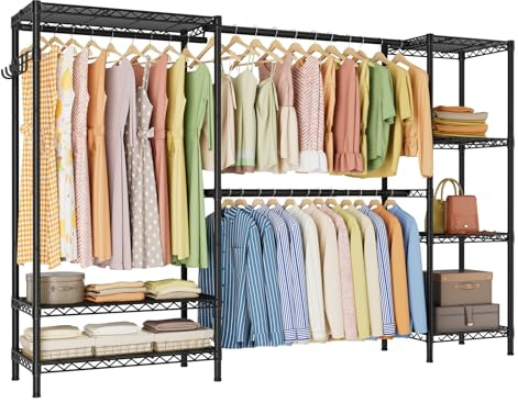 Golpart Heavy Duty Garment Rack Clothes Rack,Large Metal Closet Organizer System Storage Wardrobe,Freestanding Clothing Rack with 7 Adjustable Wire Shelves&3 Hang Rods,MaxLoad 1500lbs
