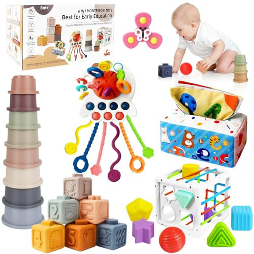 KETIEE Montessori Spielzeug Baby ab 6 Monate, 6 in 1 Baby Spielzeug Sensorik Babyspielzeug Motorikspielzeug Stapelturm UFO Zugschnur Motorikwürfel Tücherbox Saugnapf Spinner Spielzeug