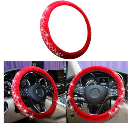 BELOMI Bling Auto Lenkradbezug Weicher Samt Kristall Strass Lenkradschoner Universal 15 Zoll Flauschig für Winter Warm Niedlich Auto Innenraum Zubehör für Frauen Mädchen (Rot)