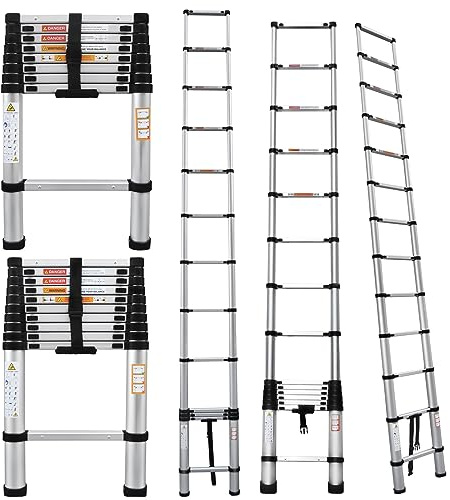 Aluminum Folding Telescopic Ladder Step Ladders Extendable, VickyHome Telescopic Ladder Garden Ladders for Hedge Cutting, Anti-slip Rubber Feet, Adjustable Step, 3.8M/12.5FT