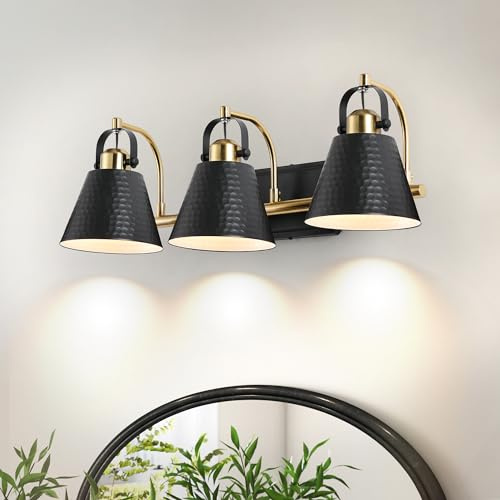 PAZALA Black and Gold Vanity Light, 3-Lights Farmhouse Vanity Light, Bathroom Light Fixtures Over Mirror, 24inch Modern Bathroom Wall lamp for Bath Mirror Living Room Cabinet Bedroom