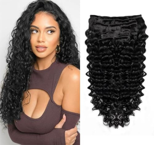 Unipearl Deep Curly Clip in Extensions Echthaar，60cm 24 Zoll 8PCS 120g Natürliches Schwarz Haarverlängerung für Frauen Water Wave Remy Hair Extensions Clip in