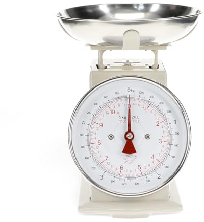 REX LONDON Nostalgische Küchenwaage Grau – Mechanische Retro-Küchenwaage mit abnehmbarer Edelstahlschüssel, bis 5 kg, Vintage-Design für stilvolles Backen & Kochen