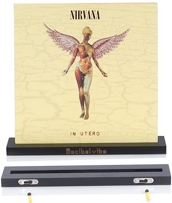 Decibelvibe Estante para discos de vinilo de madera, soporte para jugar ahora, montaje en pared, para mostrar tu disco de vinilo favorito, pantalla de vinilo individual y doble (negro)