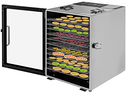 Essiccatore in acciaio inox, essiccatore disidratatore, essiccatore per frutta e verdura, frutta, carne, fiori, temperatura e tempo regolabili (12 vassoi)