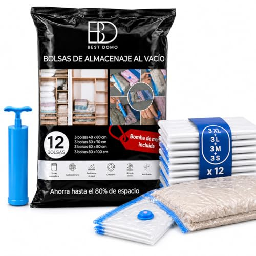 Bolsas para guardar ropa al vacío pack 12 unidades varios tamaños 3 XL + 3 L + 3 M + 3 S con bomba manual y cierre hermético, para edredones, mantas, almohadas, cambios armario y viajes